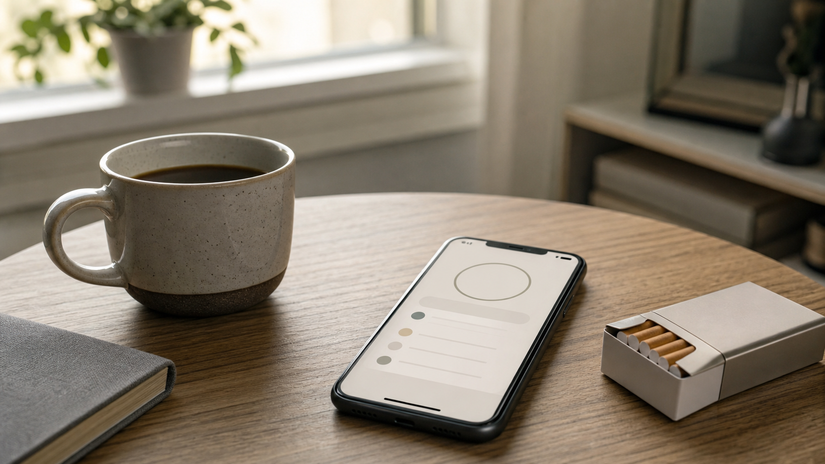 Coffee, a phone with a simple tracking screen, and a cigarette pack on a table in morning light.